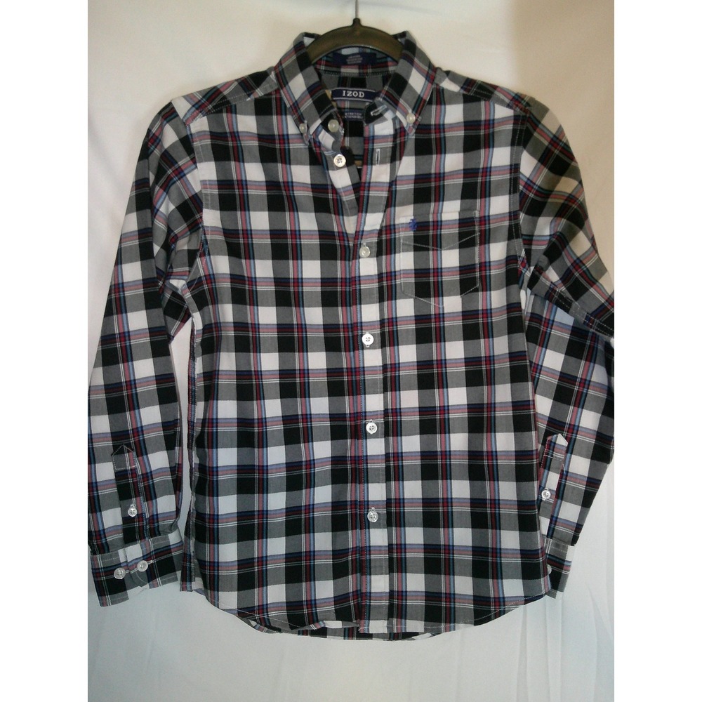 IZOD Boys Plaid Button Down Shirt Long Sleeve Black Red White Size M (10-12)